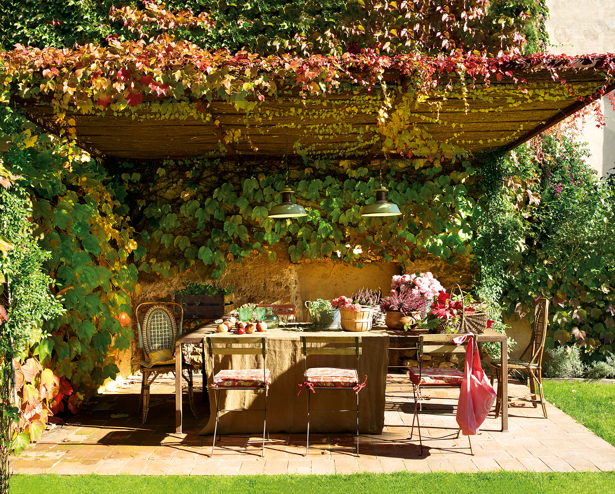 Comedor exterior bajo in porche con plantas trepadoras. 