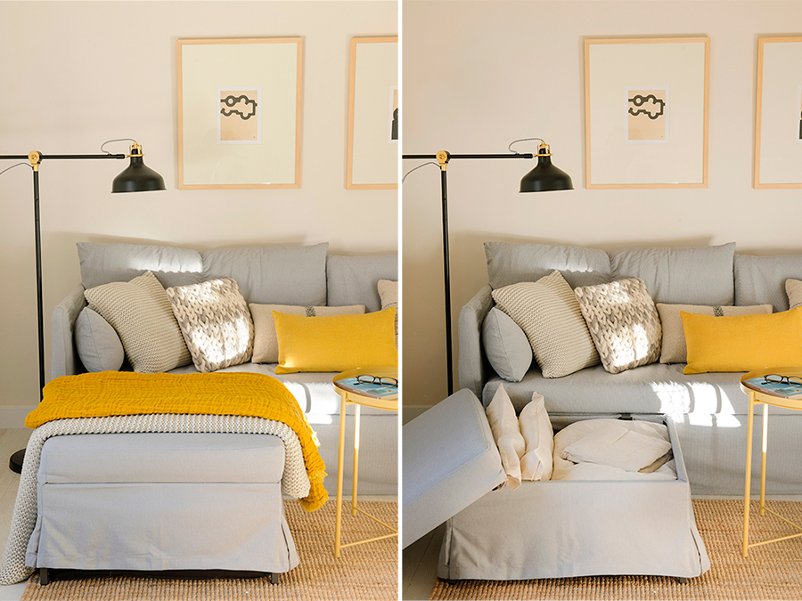 Salón con sofá cama y chaise longue con espacio para guardar, de IKEA. 