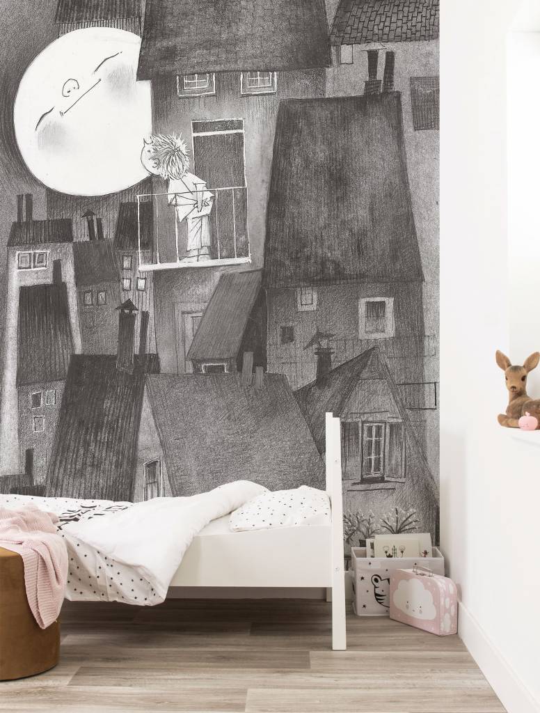 Habitación infantil con wall mural con motivo nocturno. 
