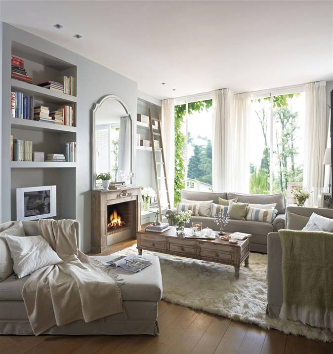 chaise lounge, chimenea y luz natural