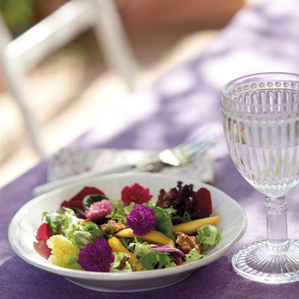 Ensalada de brotes con mango y flores violetas 