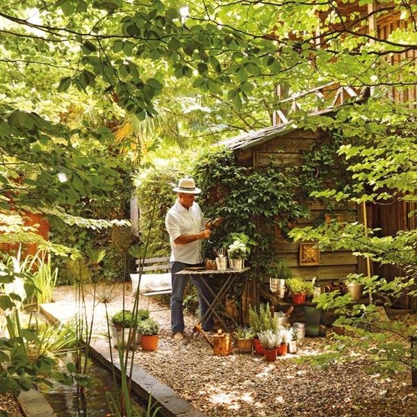 Hombre cuidando plantas en un amplio jardín con un cobertizo de madera