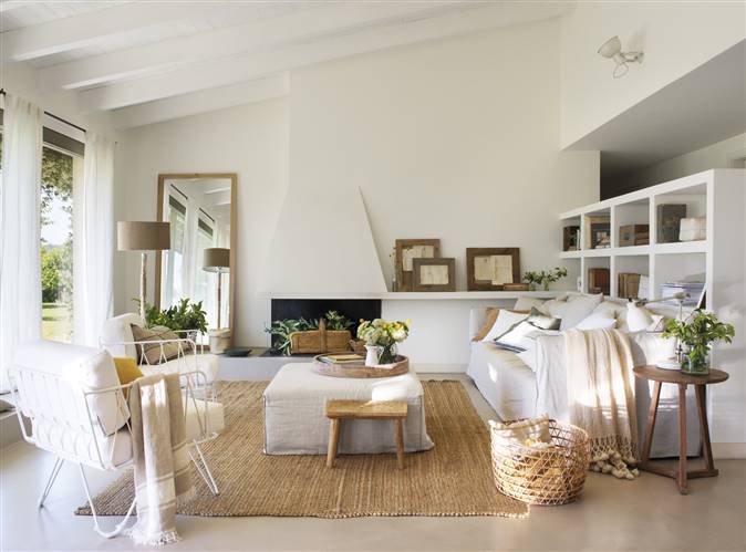 salon blanco con chimenea, librería y alfombra fibra_00461762