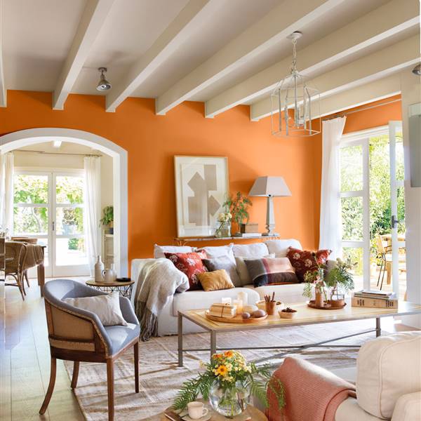 Salón-con-vigas-vista-pintadas-blancas-y-pared-naranja-con-sofás-contrapuestos-y-mesa-de-centro-sobre-alfombra 438066