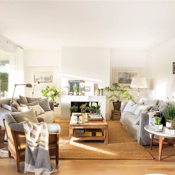 Salón son sofás grises, plantas y decorado con madera. casa sana_480338