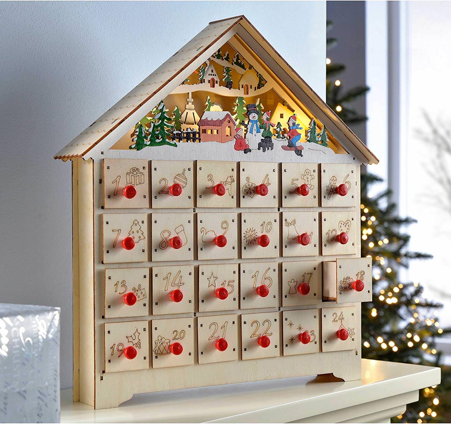 Fansport Calendario de Navidad Multi-Uso Decorativo de Madera Calendario de Adviento con 24 cajones Suministros de Fiesta para decoración de Ventanas 