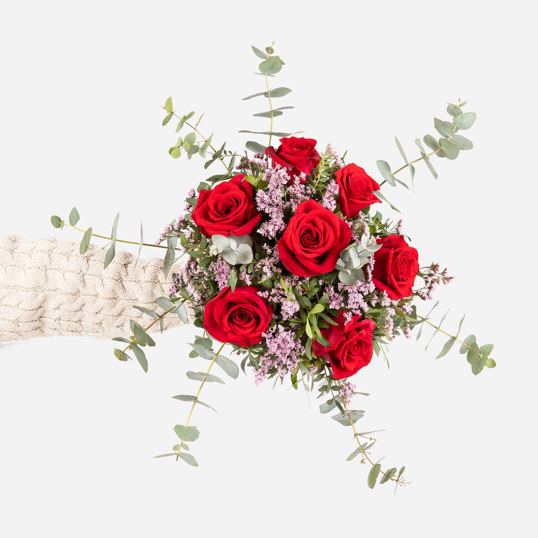 Ramo de rosas rojas y limonium de Calvin para San Valentín