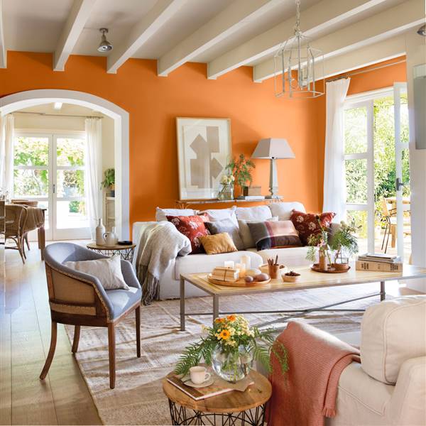 Salón-con-vigas-vista-pintadas-blancas-y-pared-naranja-con-sofás-contrapuestos-y-mesa-de-centro-sobre-alfombra 438066