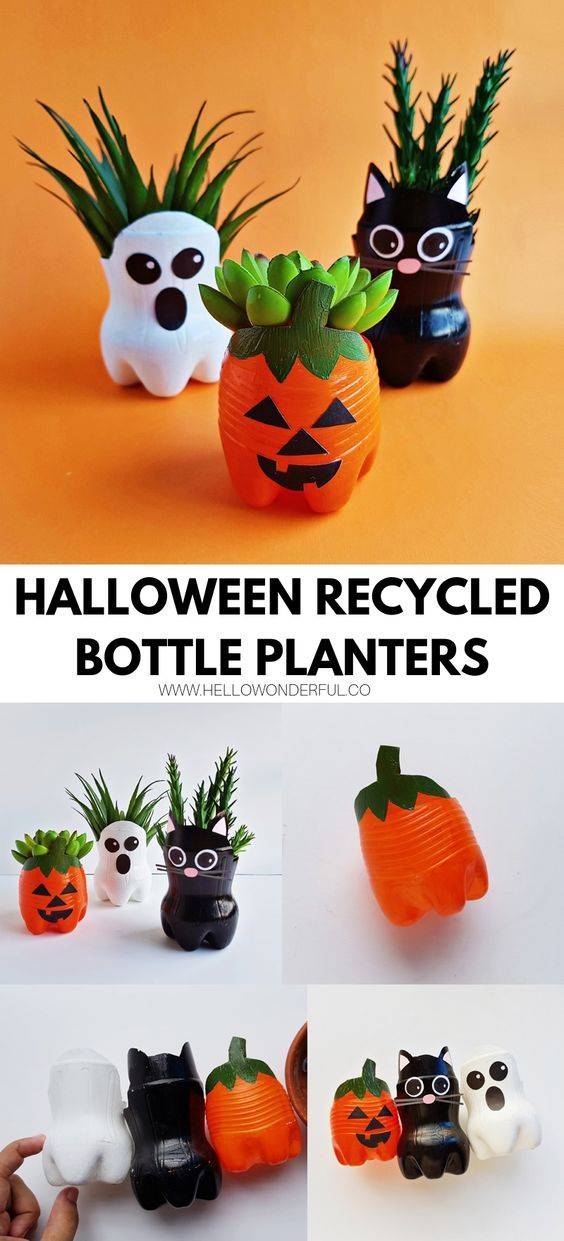 Macetas recicladas con decoración de Halloween.