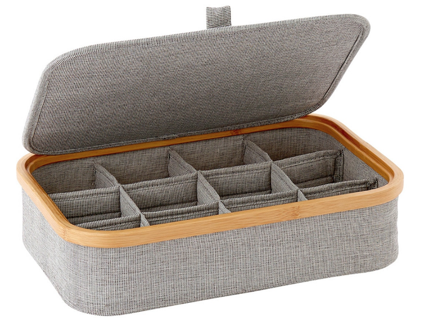 Caja gris con compartimentos y borde de bambú