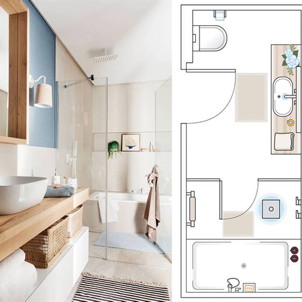 Un baño estrecho de 9 m2: tiene ducha y bañera y un toque azul (con plano)