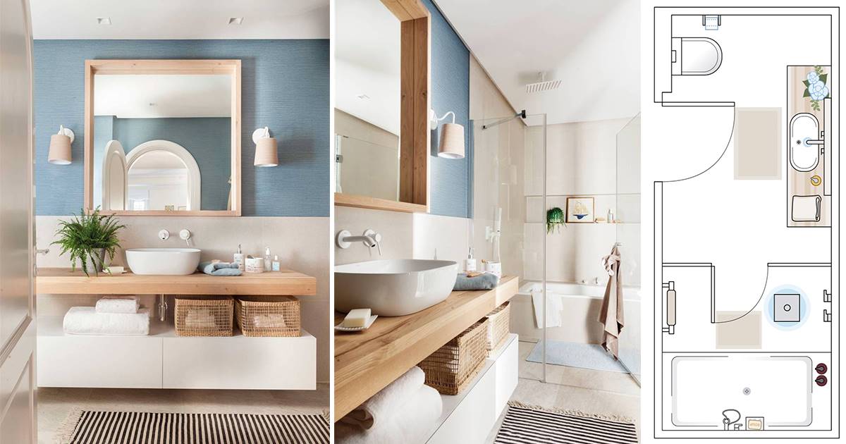 espontáneo hígado Autocomplacencia Un baño estrecho de 9 m2: tiene ducha y bañera y un toque azul (con plano)