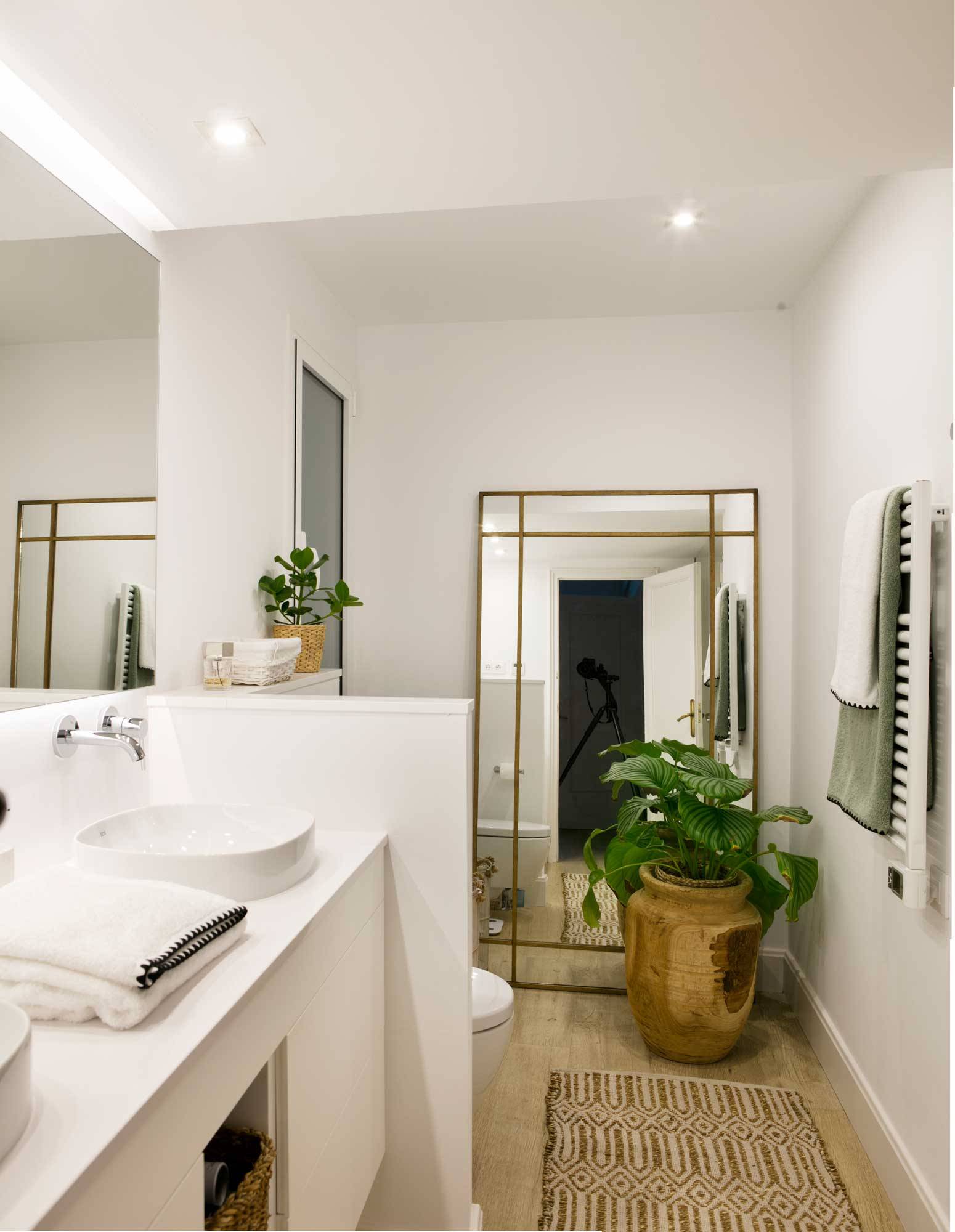 Baño pequeño con mobiliario de color blanco, espejo grande y planta. 