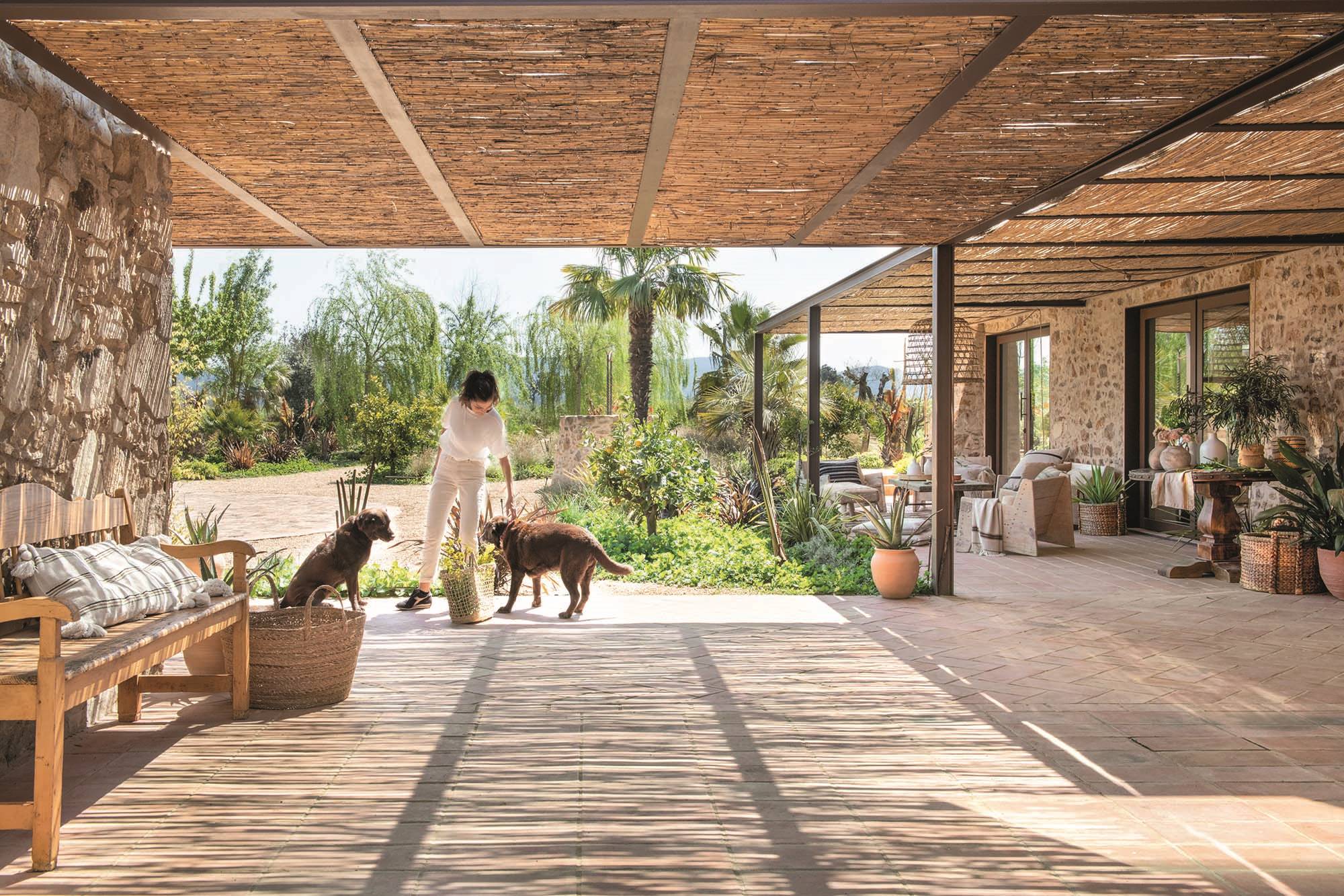 Terraza con pérgola de fibras y cañizo, banco de madera y plantas de exterior. 