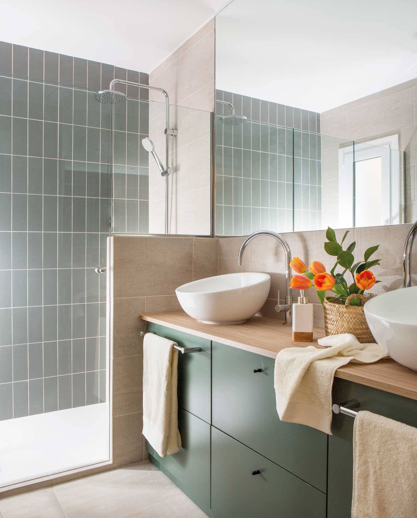 Baño con mueble y pared de la ducha verde 0503822