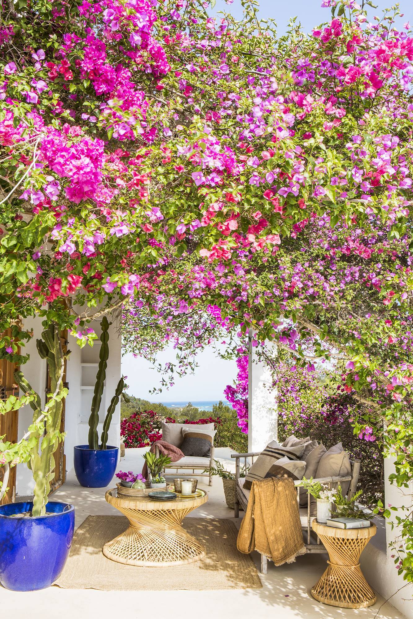 Porche de casa en Ibiza en medio de la naturaleza y vistas al mar
