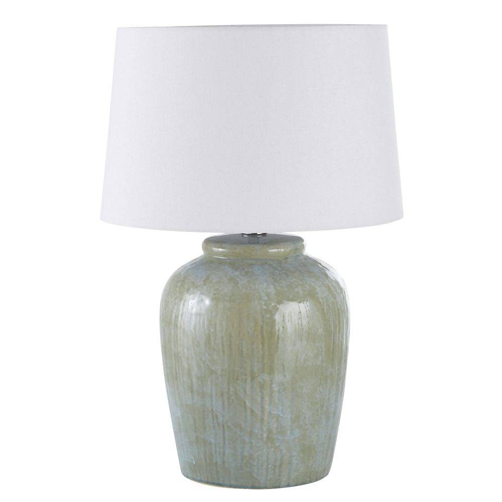 Lámpara de cerámica azul con pantalla de lino blanco modelo Cottage de Maisons du Monde