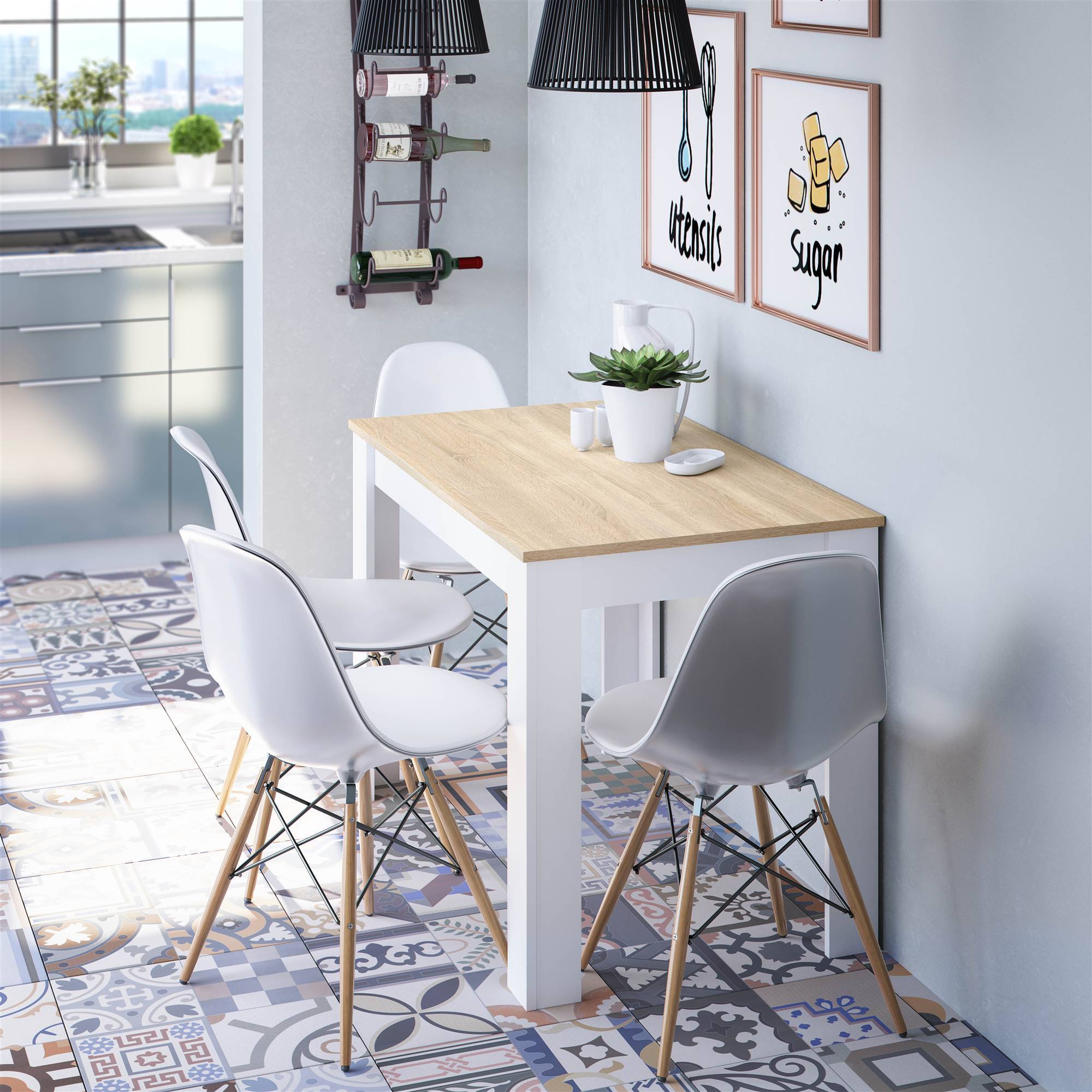 Mesa de cocina de color blanco y madera modelo Claudia de Conforama. 