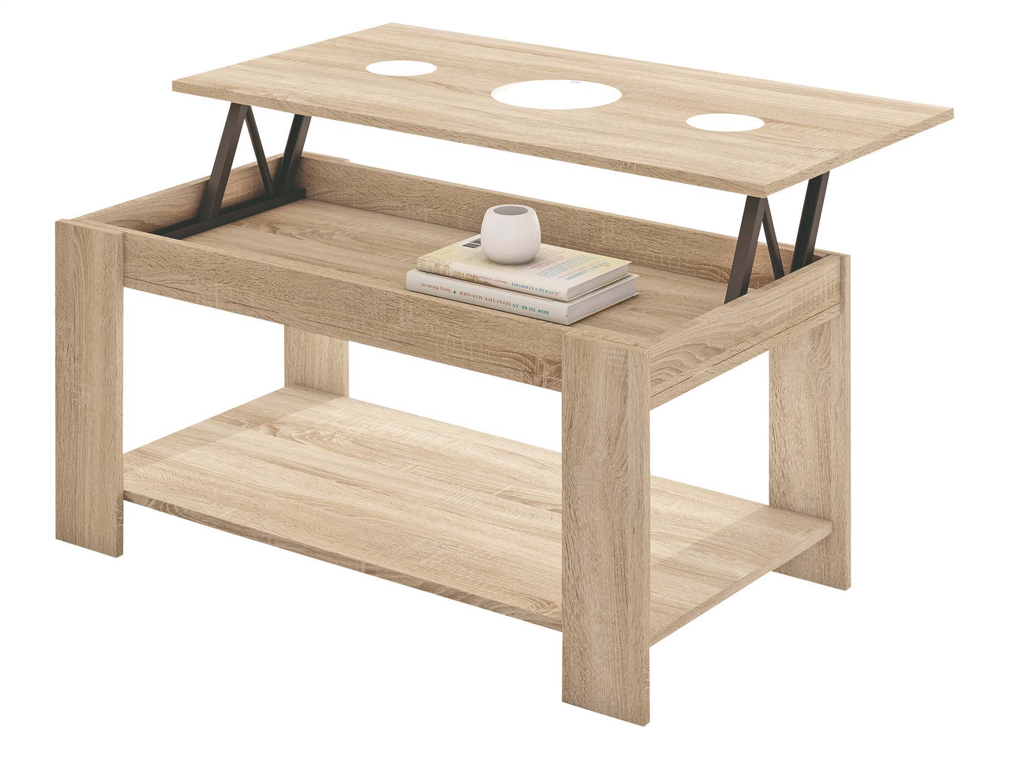 Mesa de centro modelo Lucinda de madera de roble y elevable de Conforama.