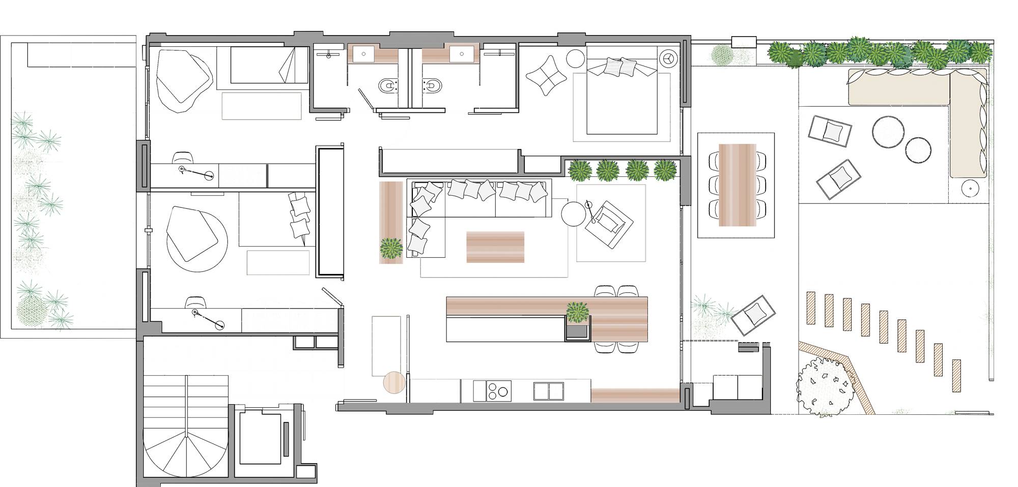 Plano de un piso de 108 m2. 