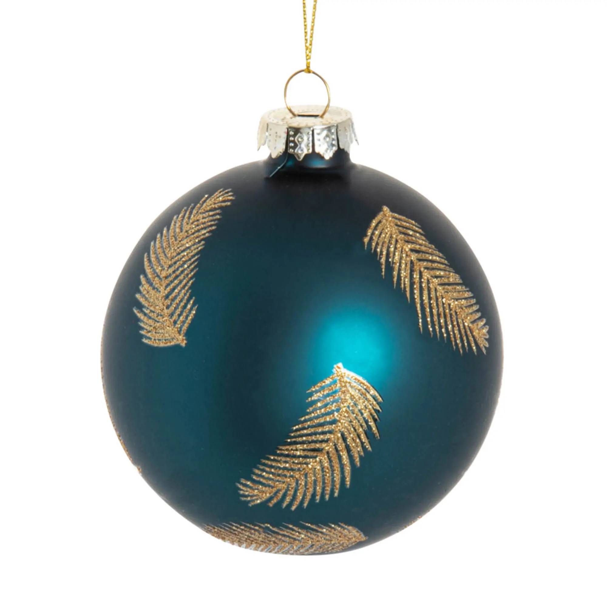 Set de 6 bolas de Navidad de cristal azul estampado con plumas y purpurina.