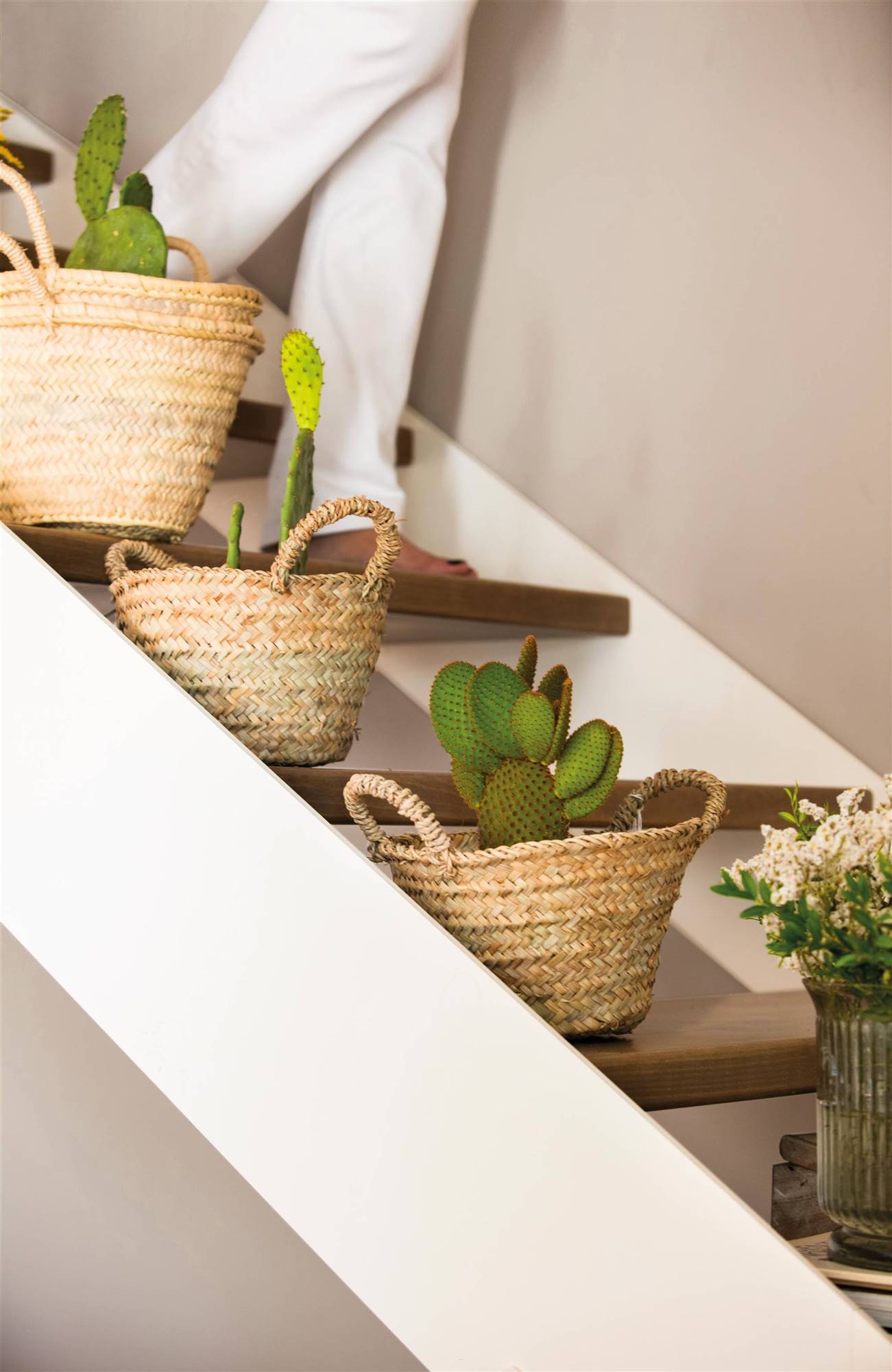 Escaleras con peldaños decorados con cestas con plantas.