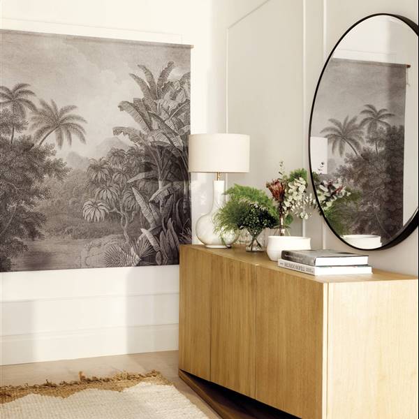 recibidor moderno con mueble de madera y espejo redondo 00534617