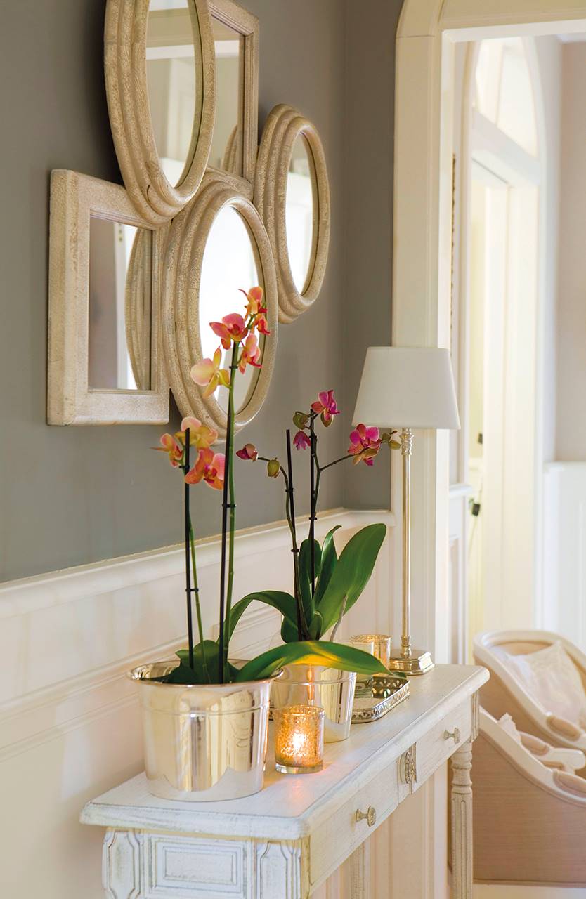 Pasillo con zócalo alto, mueble con orquídeas y espejo