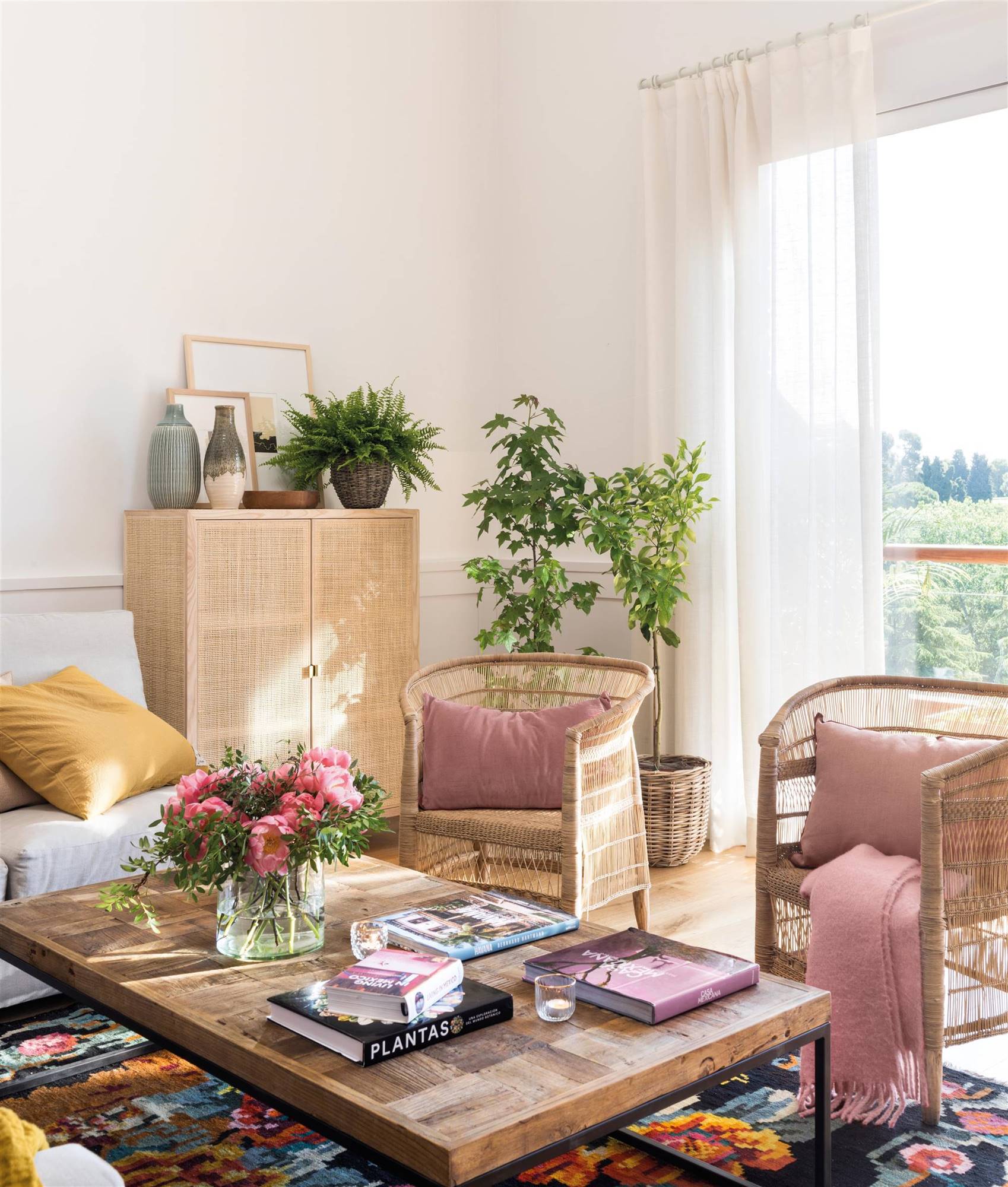Salón con mesa de centro de madera, aparador y plantas de interior y butacas de fibra natural.