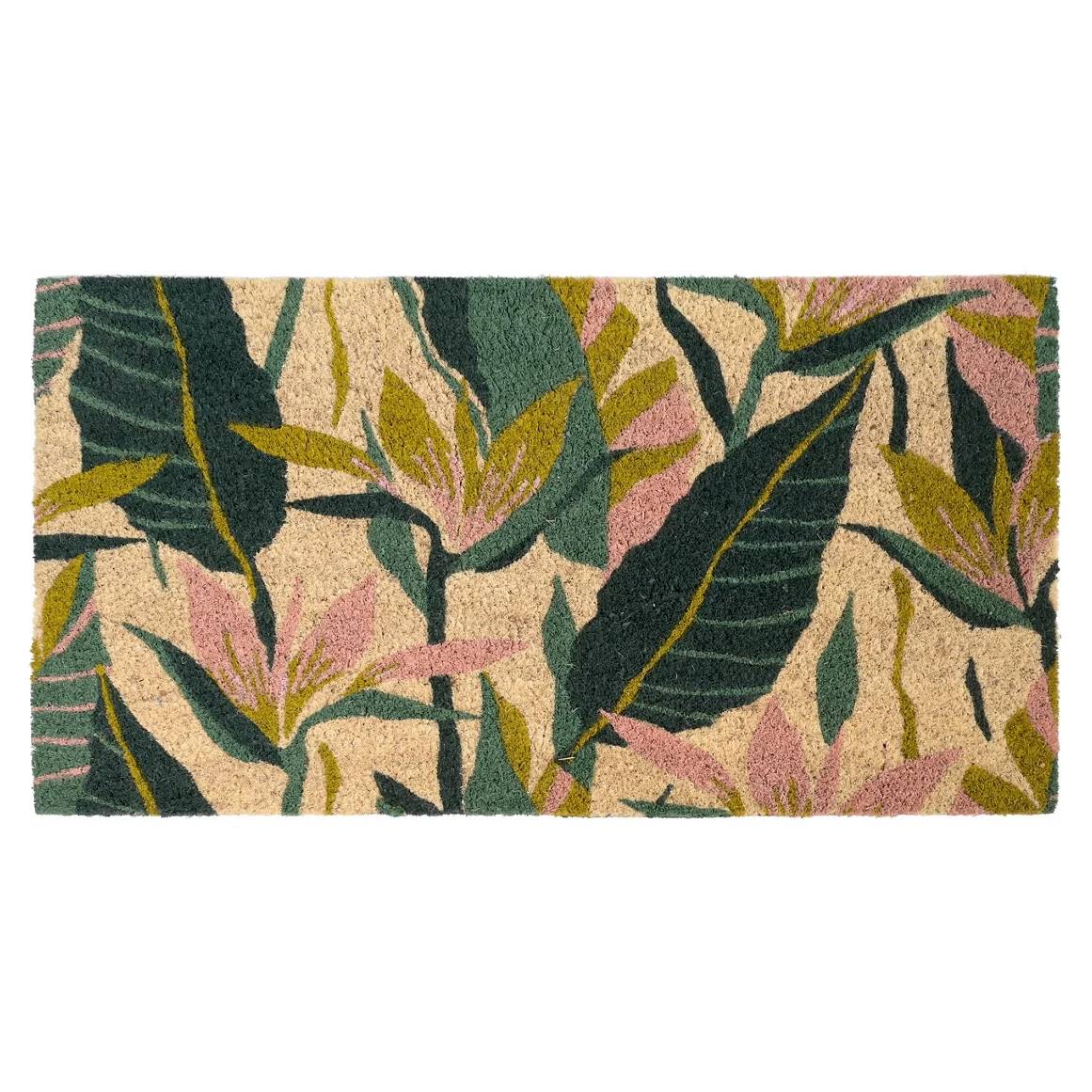 Felpudos originales: felpudo multicolor de coco y pvc con dibujos de hojas silvestres de Leroy Merlin. 