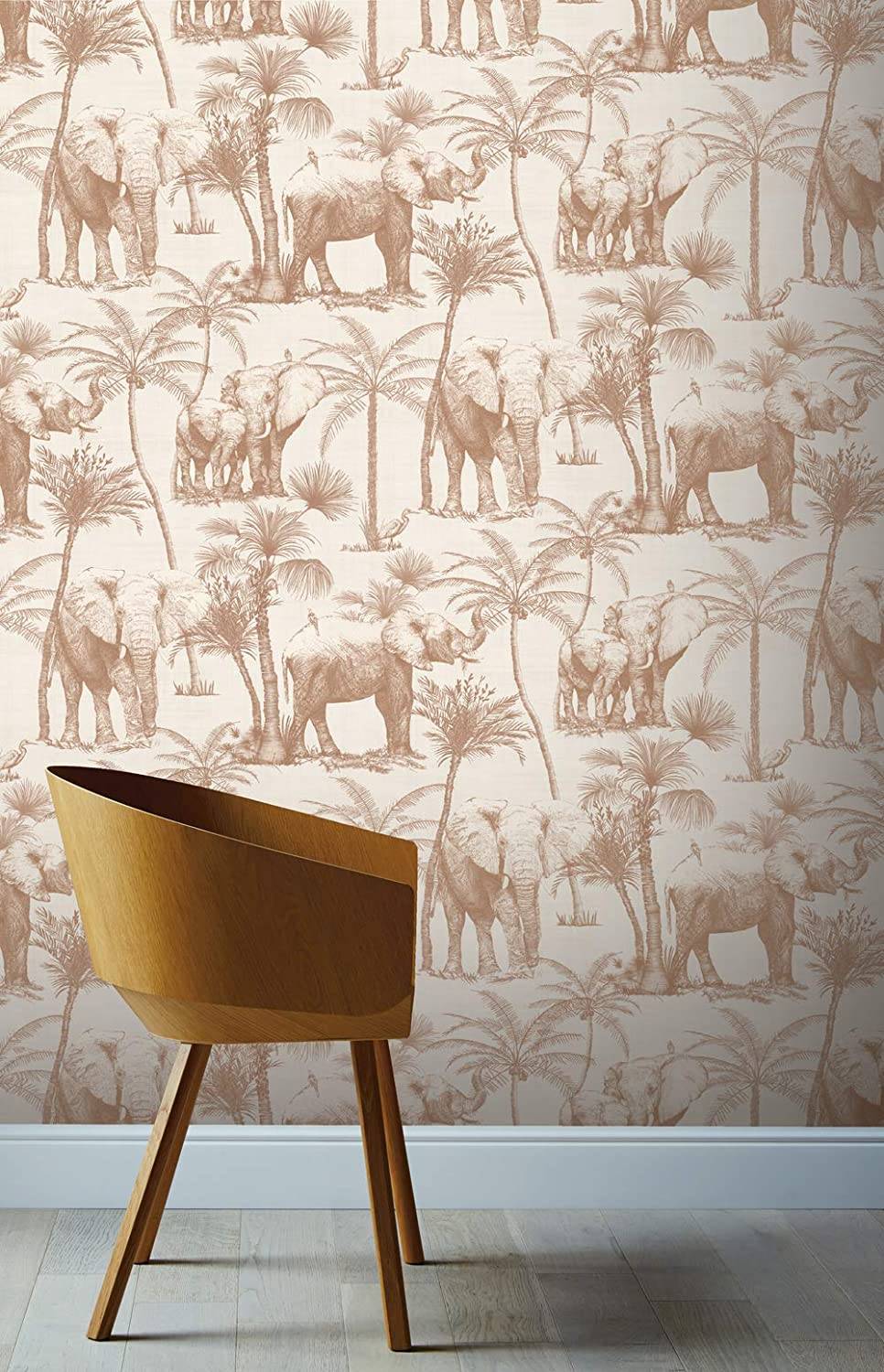 Papel pintado de Amazon con dibujos de elefantes en color café. 