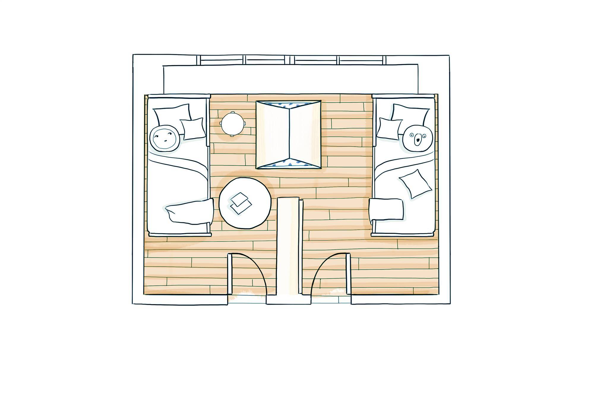 Plano de dormitorio infantil con dos camas y casita de juguete. 