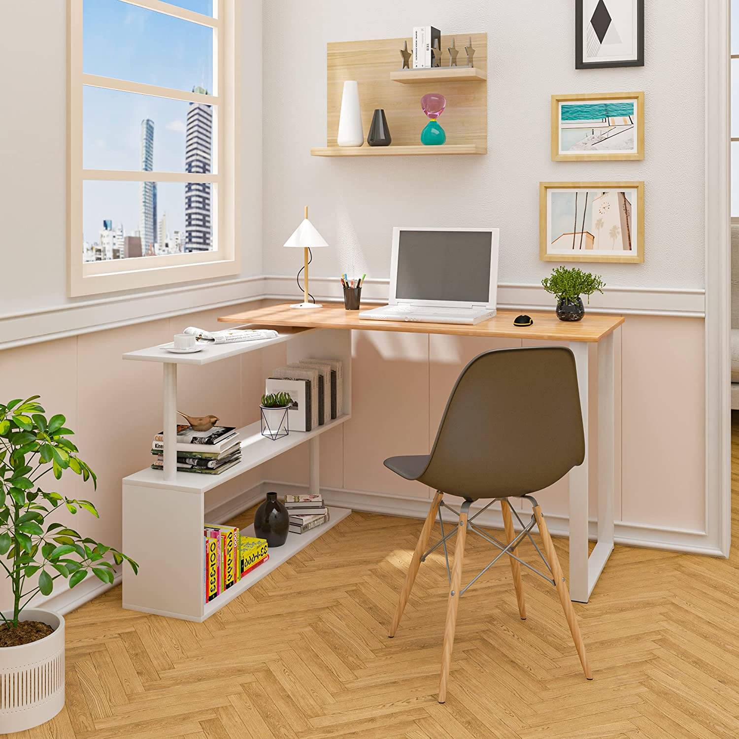 Muebles de salón modernos: un mini escritorio muy completo para salones pequeños con superficie de madera y estantería para mantener el orden. 