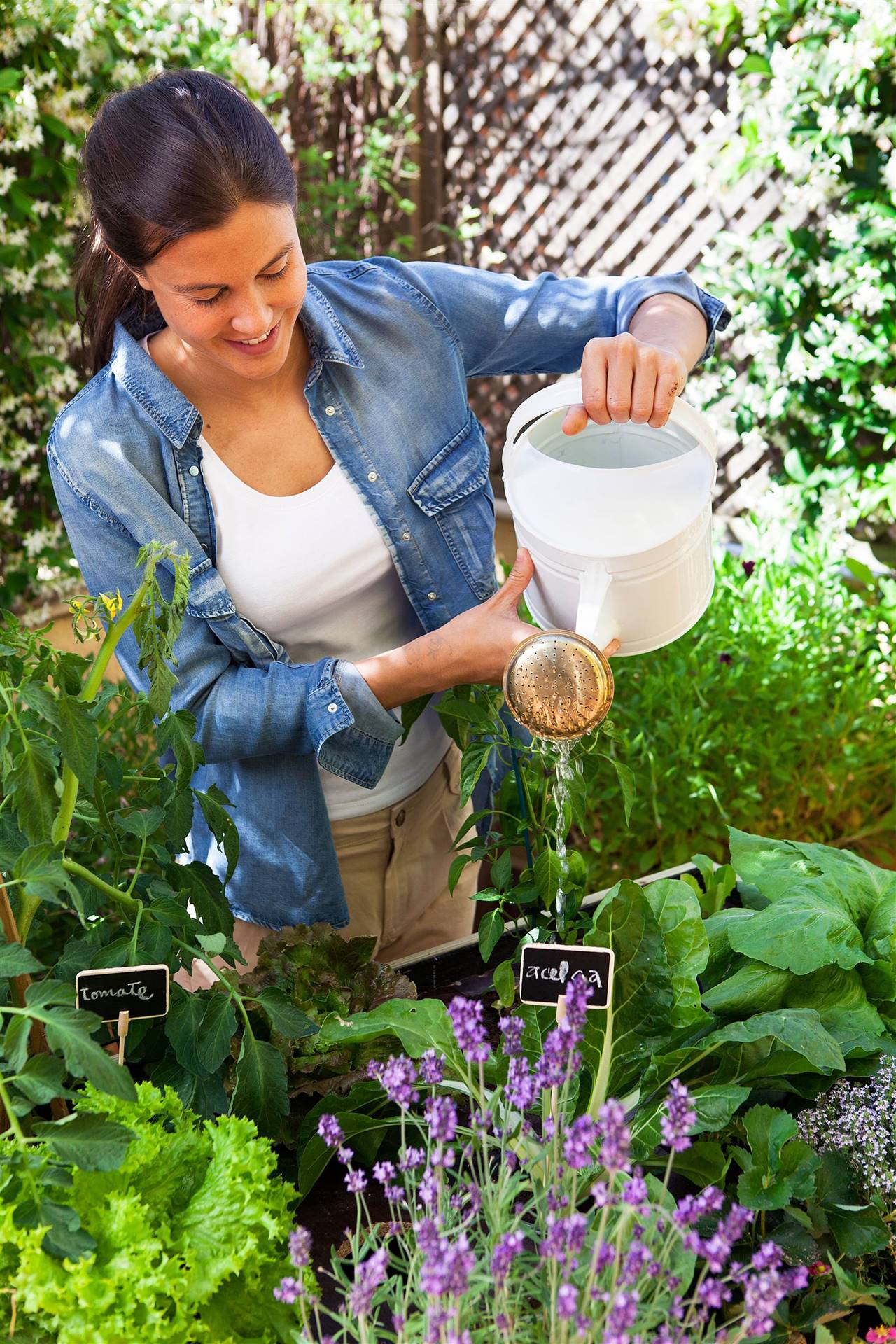 Chica regando plantas aromáticas
