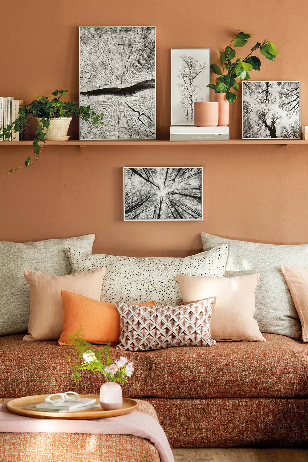 Salón en tono tierra con sofá y balda de madera decorada con fotografías de Naturaleza