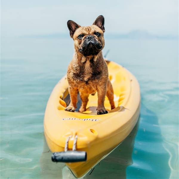 Perro en el mar sobre una canoa.