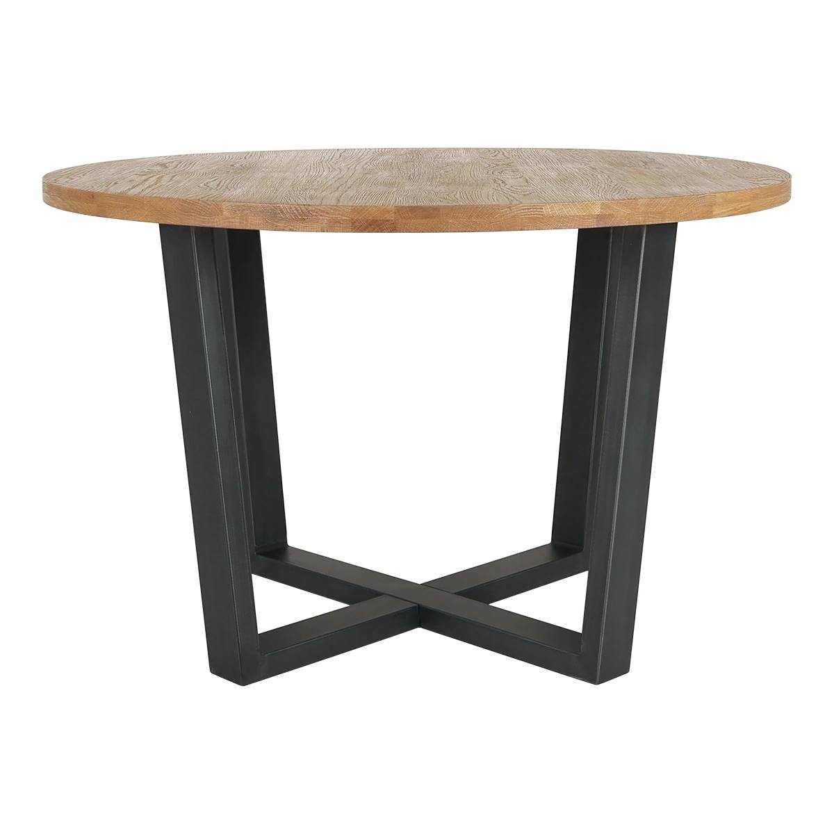 Mesa de comedor redonda de madera de roble con patas en negro. 