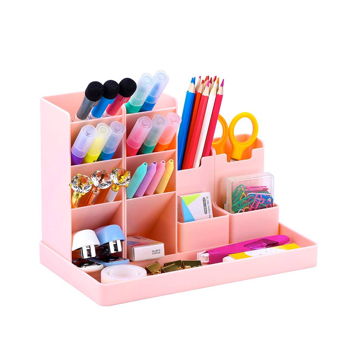 Organizador de escritorio infantil en color rosa de Amazon. 