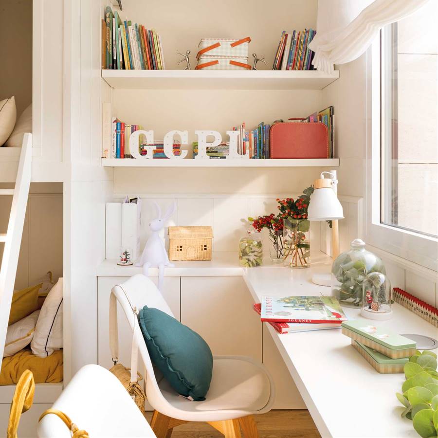 Zona de estudio con escritorio y sillas en color blanco.
