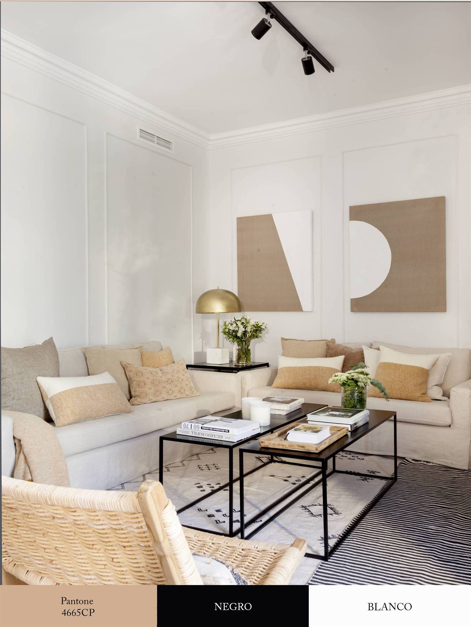 Salón con paredes y sofás blancos, mesa de centro negra y cojines beige. 