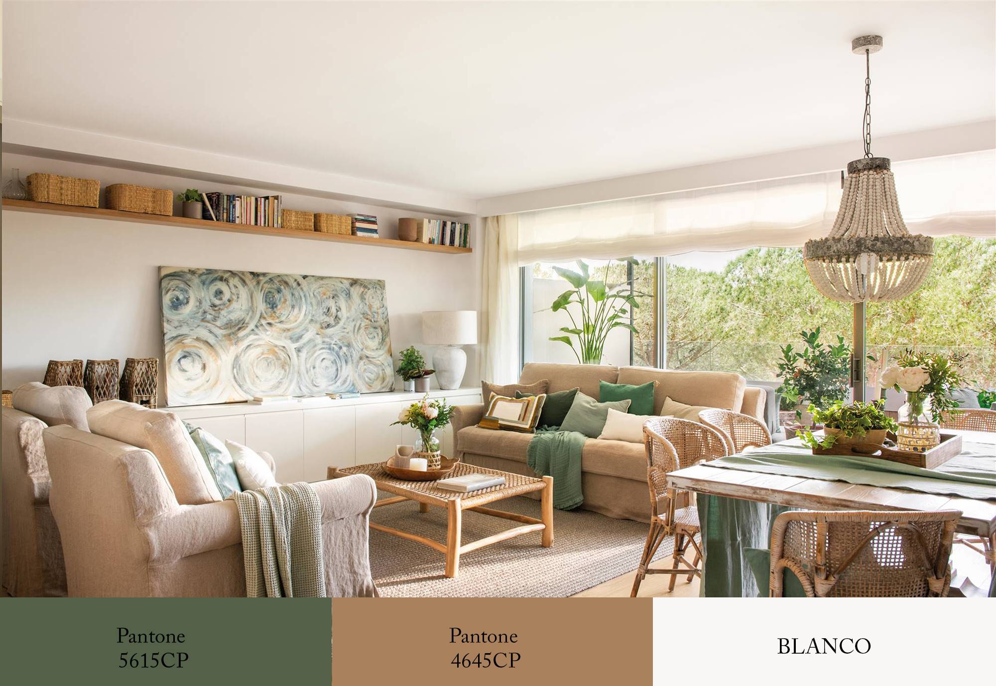 Salón con paredes y muebles blancos, sofás de color marrón claro y detalles en verde. 