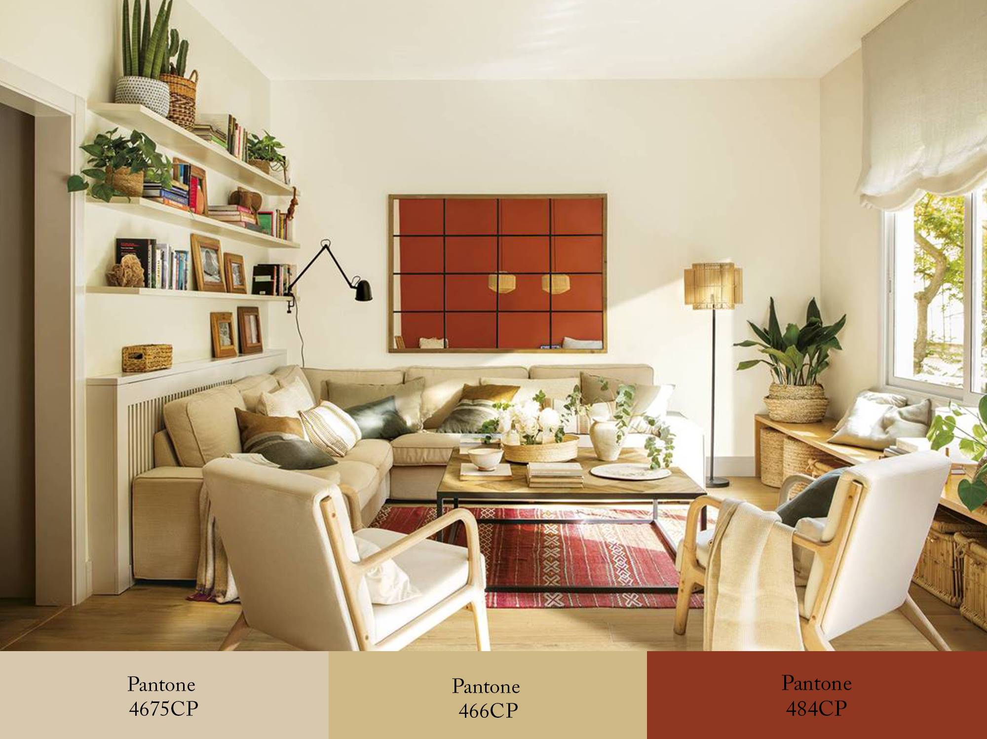 Salón con paredes beige, sofás arena y pared de enfrente pintada en color caldero. 