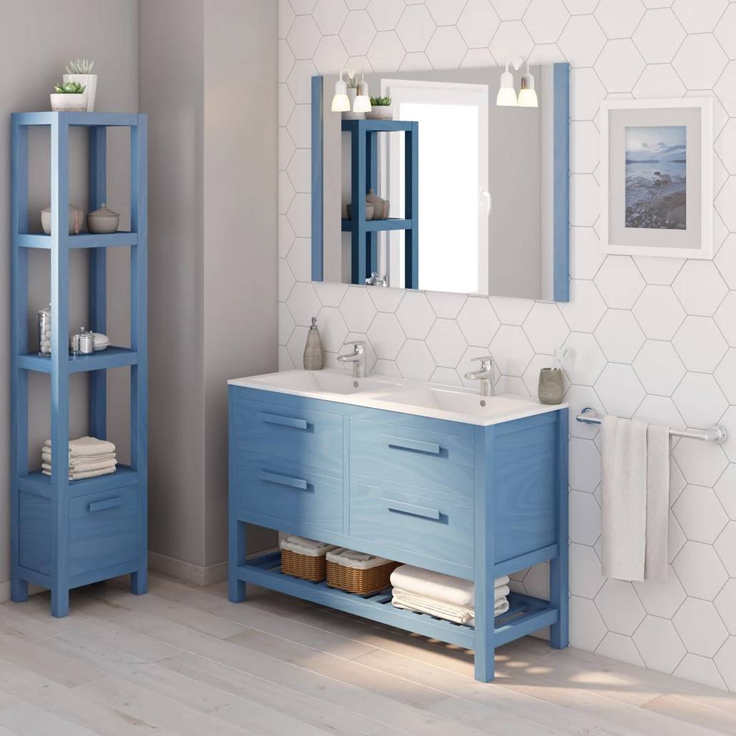 Mueble de baño de madera en color azul con 2 lavabos encastrados de Leroy Merlin.
