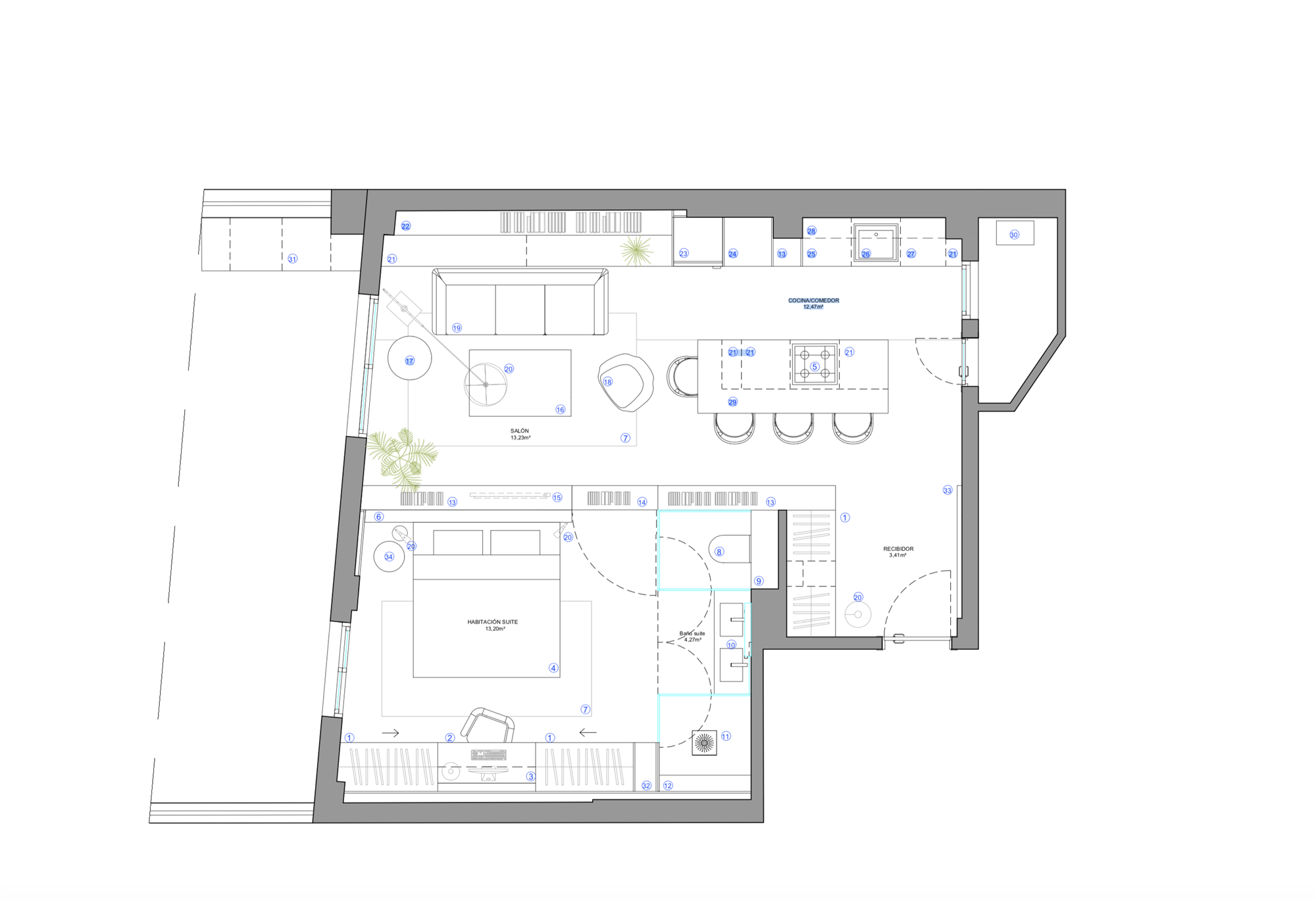 Plano actual del piso pequeño de 52 m2.