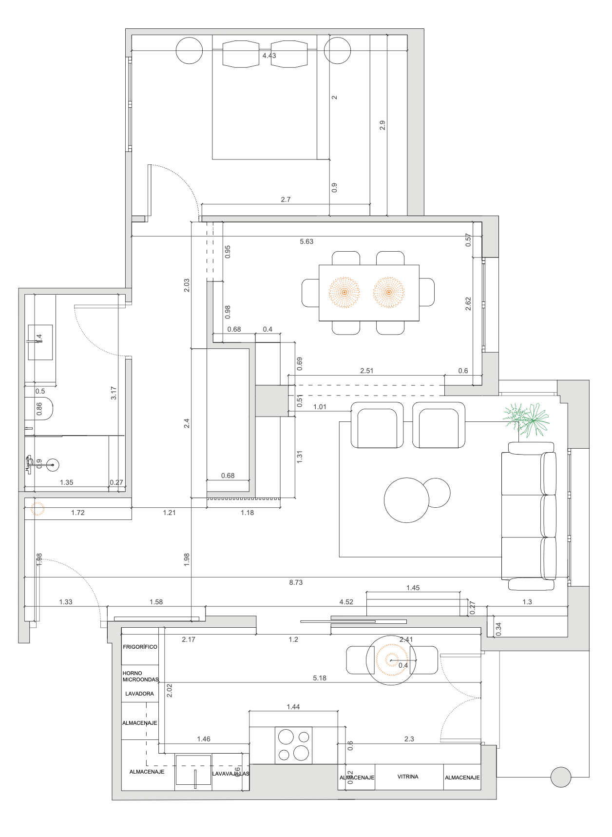 Plano después de la reforma de un piso por RQH Studio.