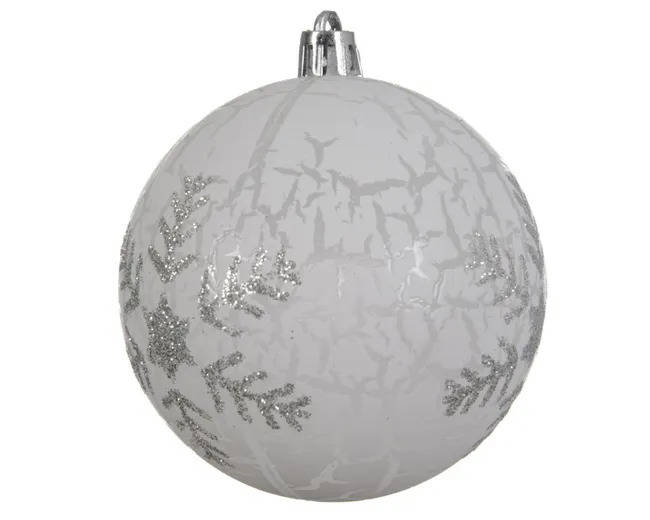Bola de Navidad blanca con copos y purpurina de Leroy Merlin.