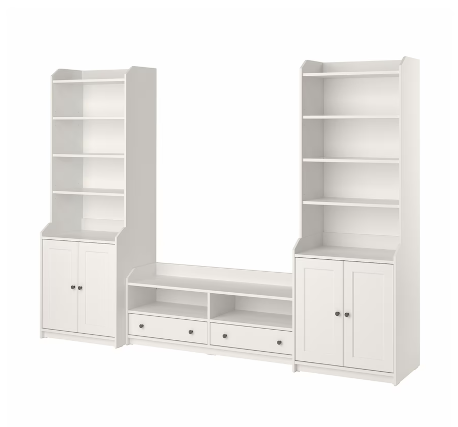 Mueble almacenaje y de TV en blanco de la serie HAUGA de IKEA.