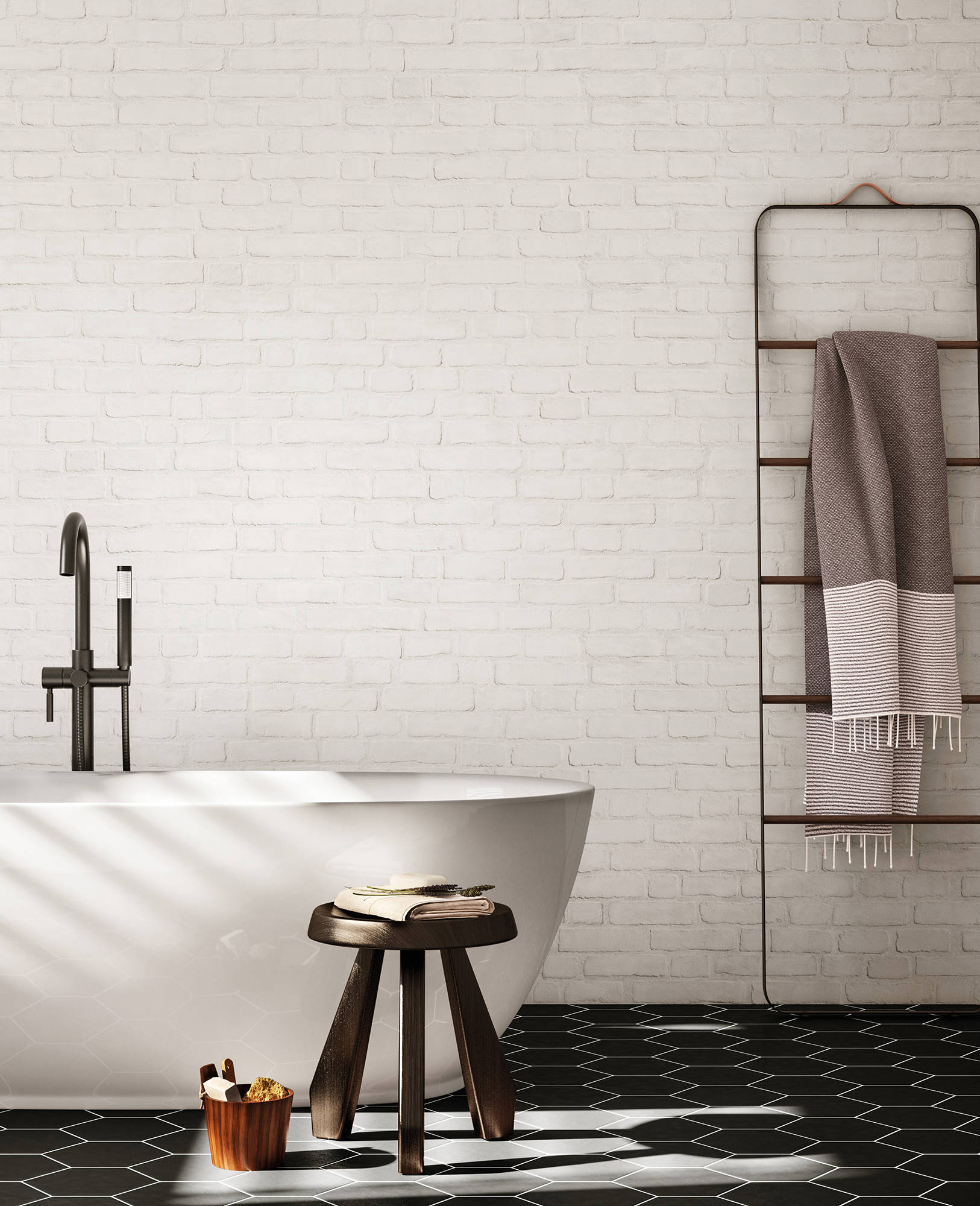 Baño con pared decorada sin azulejos con revestimiento imitación ladrillo visto