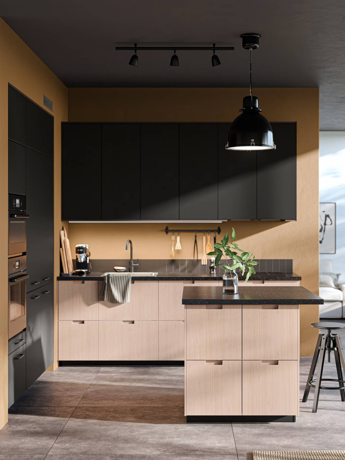 Cocina moderna en color negro y madera de IKEA 2023.
