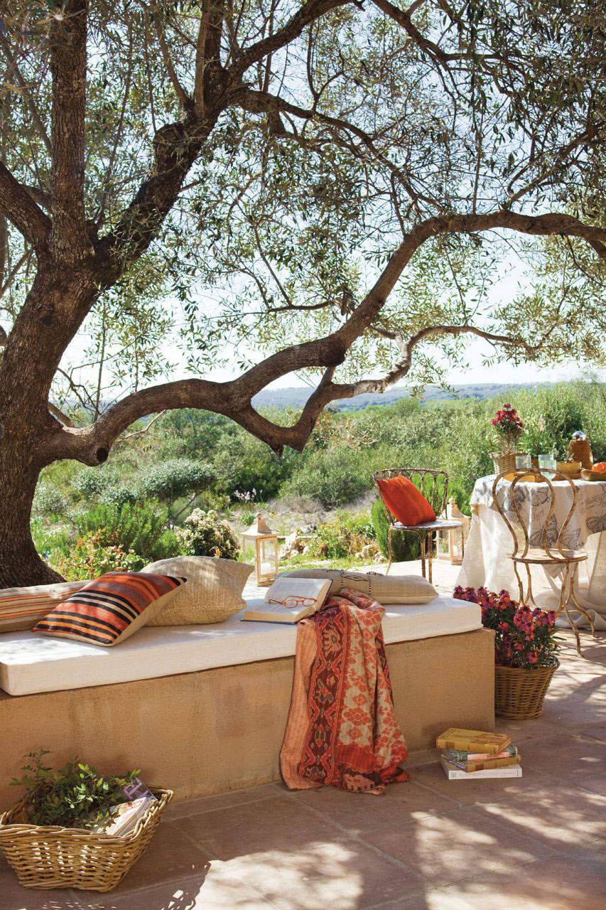 Terraza exterior decorada de estilo boho bajo un árbol de olivo.